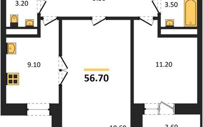 Планировка двухкомнатной(квартира) площадью 58 квадратных метров в ЖК “ЖК Три квартала”
