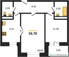Планировка двухкомнатной(квартира) площадью 58 квадратных метров в “ЖК Три квартала”