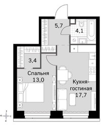 Планировка однокомнатной(квартира) площадью 43.9 квадратных метров в ЖК “ЖК Amber City (Амбер Сити)”