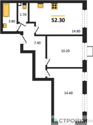 Планировка двухкомнатной(квартира) площадью 52.3 квадратных метров в ЖК “ЖК Лучи-2”