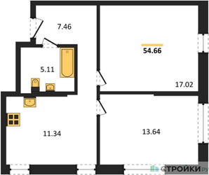 Планировка двухкомнатной(квартира) площадью 54.9 квадратных метров в ЖК “ЖК Self (Селф)”
