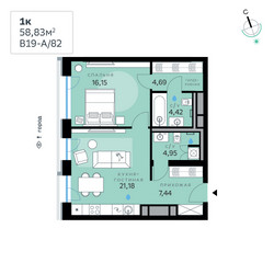 Планировка однокомнатной(квартира) площадью 58.83 квадратных метров в ЖК “СберСити в Рублево-Архангельском”