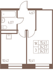 Планировка однокомнатной(квартира) площадью 34.6 квадратных метров в ЖК “ЖК Западная Ивантеевка”