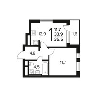 Планировка однокомнатной(квартира) площадью 35.5 квадратных метров в “Новые Ватутинки. Заречный”