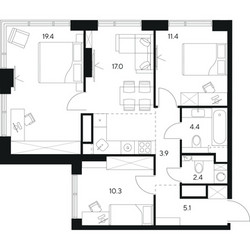 Планировка трехкомнатной(квартира) площадью 73.9 квадратных метров в ЖК “ЖК Нексус от Аквилон”