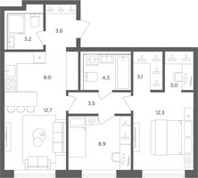 Планировка трехкомнатной(квартира) площадью 62.6 квадратных метров в “ЖК Равновесие”