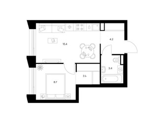 Планировка однокомнатной(квартира) площадью 37 квадратных метров в ЖК “ЖК Зеленый парк”