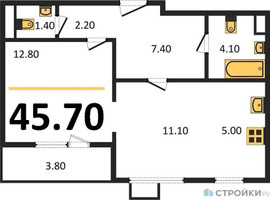 Планировка однокомнатной(квартира) площадью 45.7 квадратных метров в “ЖК ЮЖНАЯ БИТЦА”