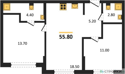 Планировка двухкомнатной(квартира) площадью 55.8 квадратных метров в ЖК “ЖК Первый квартал”