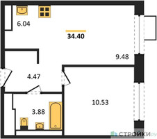 Планировка однокомнатной(квартира) площадью 34.4 квадратных метров в “ЖК Алхимово”