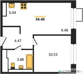 Планировка однокомнатной(квартира) площадью 34.4 квадратных метров в ЖК “ЖК Алхимово”
