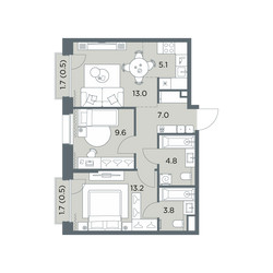 Планировка трехкомнатной(квартира) площадью 57.5 квадратных метров в ЖК “ЖК Станиславский”