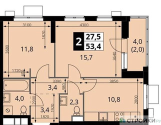 Планировка двухкомнатной(квартира) площадью 53.4 квадратных метров в “ЖК 1-й Измайловский (Первый Измайловский)”