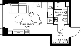 Планировка студии(квартира) площадью 22.7 квадратных метров в “ЖК Веер”