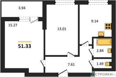 Планировка двухкомнатной(квартира) площадью 51.33 квадратных метров в ЖК “ЖК Химки Тайм”