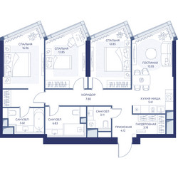 Планировка трехкомнатной(квартира) площадью 91.4 квадратных метров в ЖК “ЖК ХАЙДАУТ”