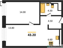 Планировка однокомнатной(апартаменты) площадью 43.2 квадратных метров в “ЖК Верейская 41”