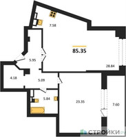 Планировка однокомнатной(апартаменты) площадью 85.35 квадратных метров в “ЖК Маршал”
