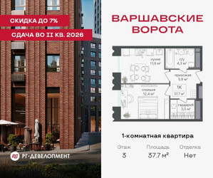 Планировка однокомнатной(квартира) площадью 37.7 квадратных метров в ЖК “ЖК Варшавские ворота”