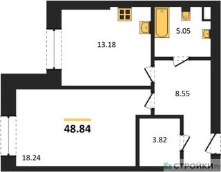 Планировка однокомнатной(квартира) площадью 48.84 квадратных метров в ЖК “ЖК Sezar City (Сезар Сити)”