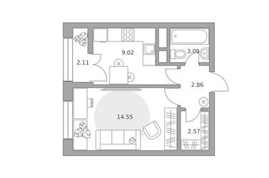 Планировка однокомнатной(квартира) площадью 34.2 квадратных метров в ЖК “ЖК Пехра”