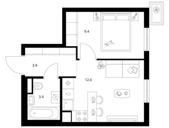 Планировка однокомнатной(квартира) площадью 29.3 квадратных метров в ЖК “ЖК Кавказский бульвар 51”