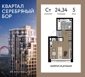 Планировка студии(квартира) площадью 24.34 квадратных метров в ЖК “ЖК Квартал Серебряный бор”