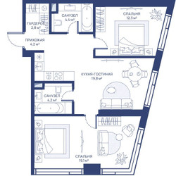 Планировка двухкомнатной(квартира) площадью 66.8 квадратных метров в ЖК “ЖК Свет”