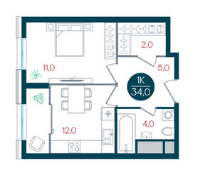 Планировка однокомнатной(квартира) площадью 34 квадратных метров в ЖК “ЖК РУСИЧ-Кантемировский”