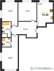 Планировка трехкомнатной(квартира) площадью 75.3 квадратных метров в ЖК “ЖК Сиреневый парк”