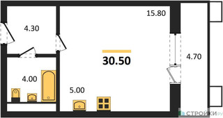 Планировка студии(квартира) площадью 30.5 квадратных метров в “ЖК Пироговская Ривьера”