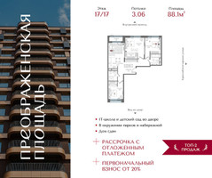 Планировка трехкомнатной(квартира) площадью 88.1 квадратных метров в “ЖК Преображенская Площадь”