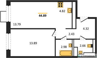 Планировка однокомнатной(квартира) площадью 44.89 квадратных метров в “ЖК Алхимово”