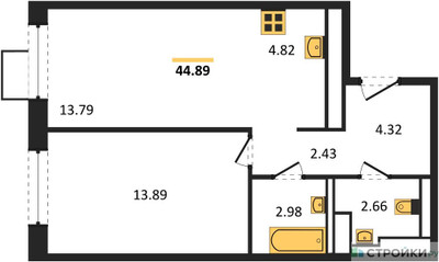 Планировка однокомнатной(квартира) площадью 44.89 квадратных метров в ЖК “ЖК Алхимово”