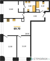 Планировка трехкомнатной(квартира) площадью 69.7 квадратных метров в ЖК “ЖК Voice Towers (Войс Тауэрс)”