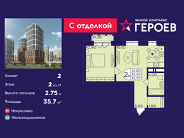 Планировка двухкомнатной(квартира) площадью 35.7 квадратных метров в “ЖК Героев”