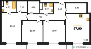 Планировка трехкомнатной(квартира) площадью 97 квадратных метров в “ЖК Резиденции Сколково”