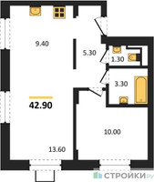 Планировка однокомнатной(квартира) площадью 42.9 квадратных метров в “ЖК Люберцы”
