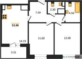 Планировка двухкомнатной(квартира) площадью 53.9 квадратных метров в “ЖК Светлый мир Станция Л”