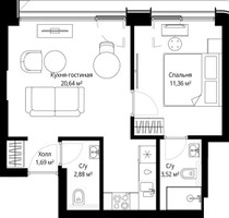 Планировка однокомнатной(квартира) площадью 39.5 квадратных метров в “ЖК Сити Бэй”