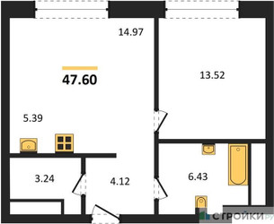 Планировка однокомнатной(апартаменты) площадью 47.6 квадратных метров в ЖК “ЖК Клубный дом КОСМО 4/22”