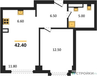 Планировка однокомнатной(квартира) площадью 42.4 квадратных метров в ЖК “ЖК АУРА”