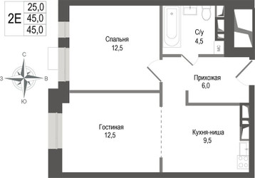 Планировка двухкомнатной(квартира) площадью 45 квадратных метров в ЖК “ЖК КИНОКВАРТАЛ”