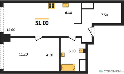Планировка однокомнатной(квартира) площадью 51 квадратных метров в ЖК “ЖК Very (Вери)”