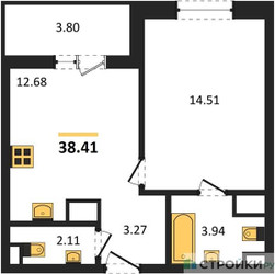 Планировка однокомнатной(квартира) площадью 38.41 квадратных метров в ЖК “ЖК Светлый мир Станция Л”
