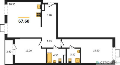 Планировка двухкомнатной(квартира) площадью 67.6 квадратных метров в ЖК “ЖК Деснаречье”