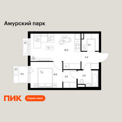 Планировка однокомнатной(квартира) площадью 38.1 квадратных метров в ЖК “ЖК Амурский парк”