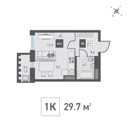 Планировка однокомнатной(квартира) площадью 29.7 квадратных метров в ЖК “ЖК Зеленоград Ривьера”