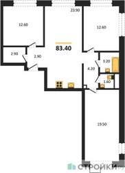 Планировка трехкомнатной(квартира) площадью 83.4 квадратных метров в ЖК “ЖК Вейв”