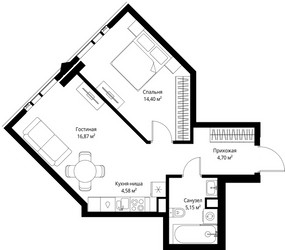 Планировка однокомнатной(квартира) площадью 45.7 квадратных метров в ЖК “ЖК Джойс”